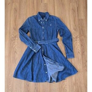 Ralph Lauren Girl's Size 12 Belted Denim Fit And Flare Belted Shirtdress Pocket